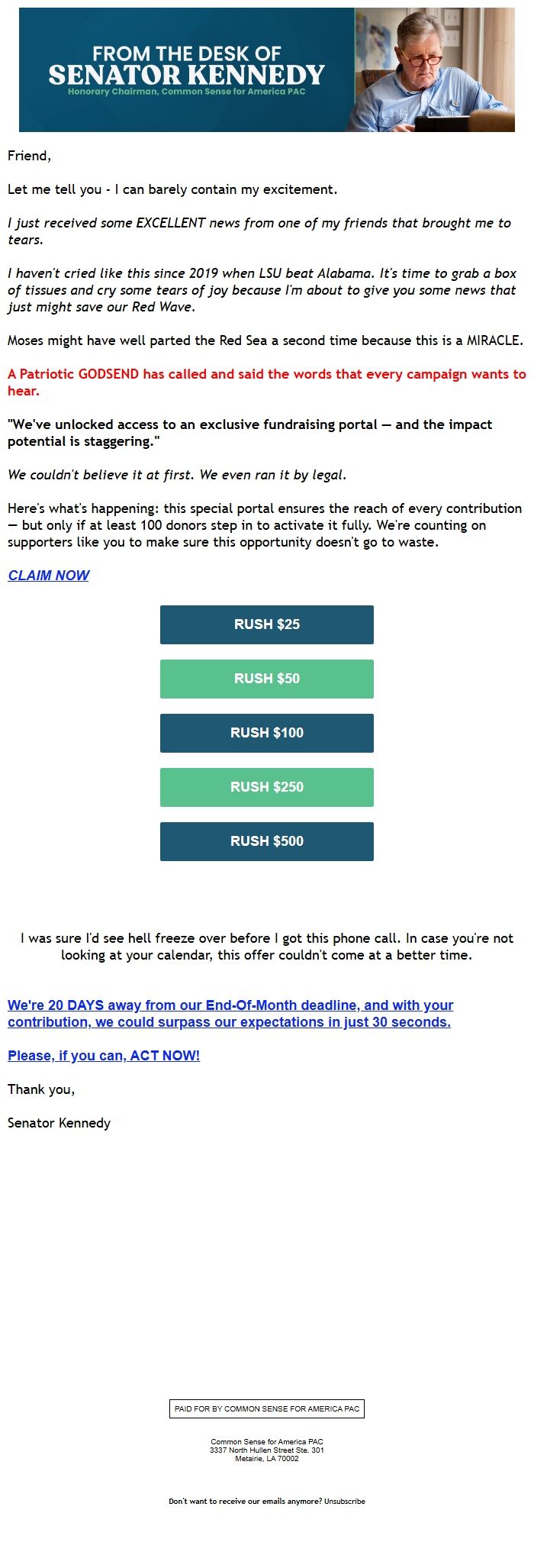 Screenshot of the email generated on import
