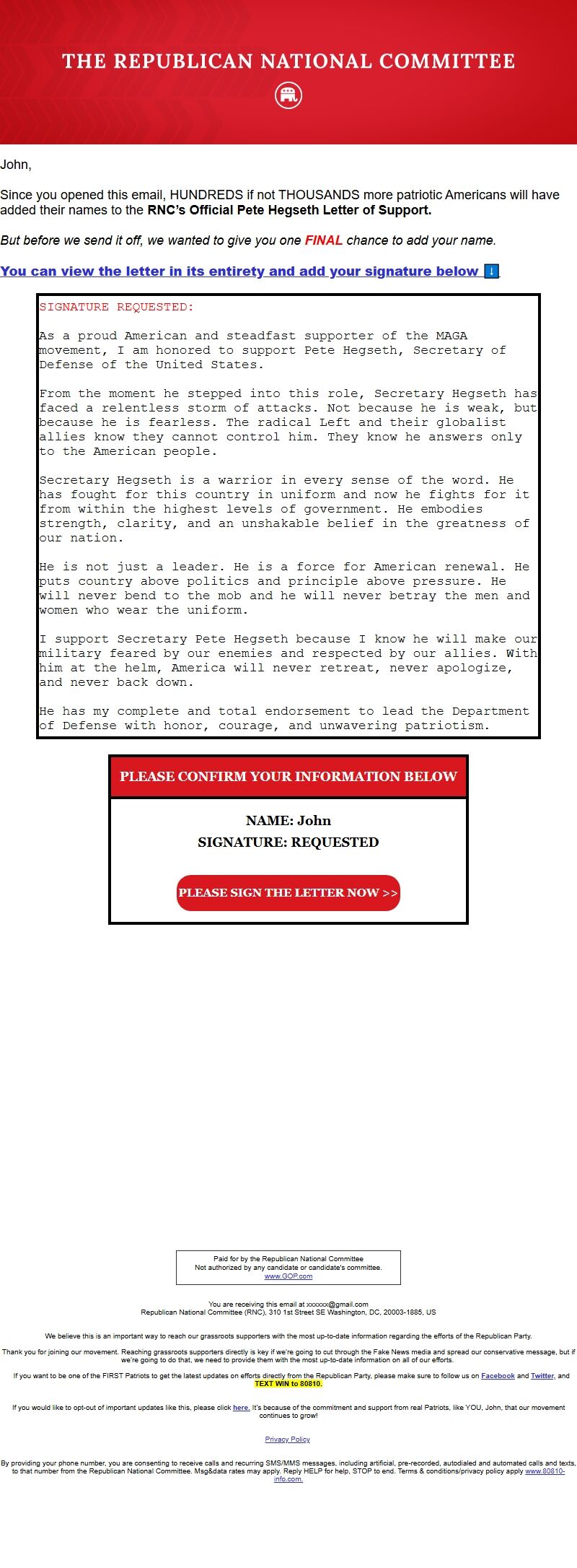 Screenshot of the email generated on import