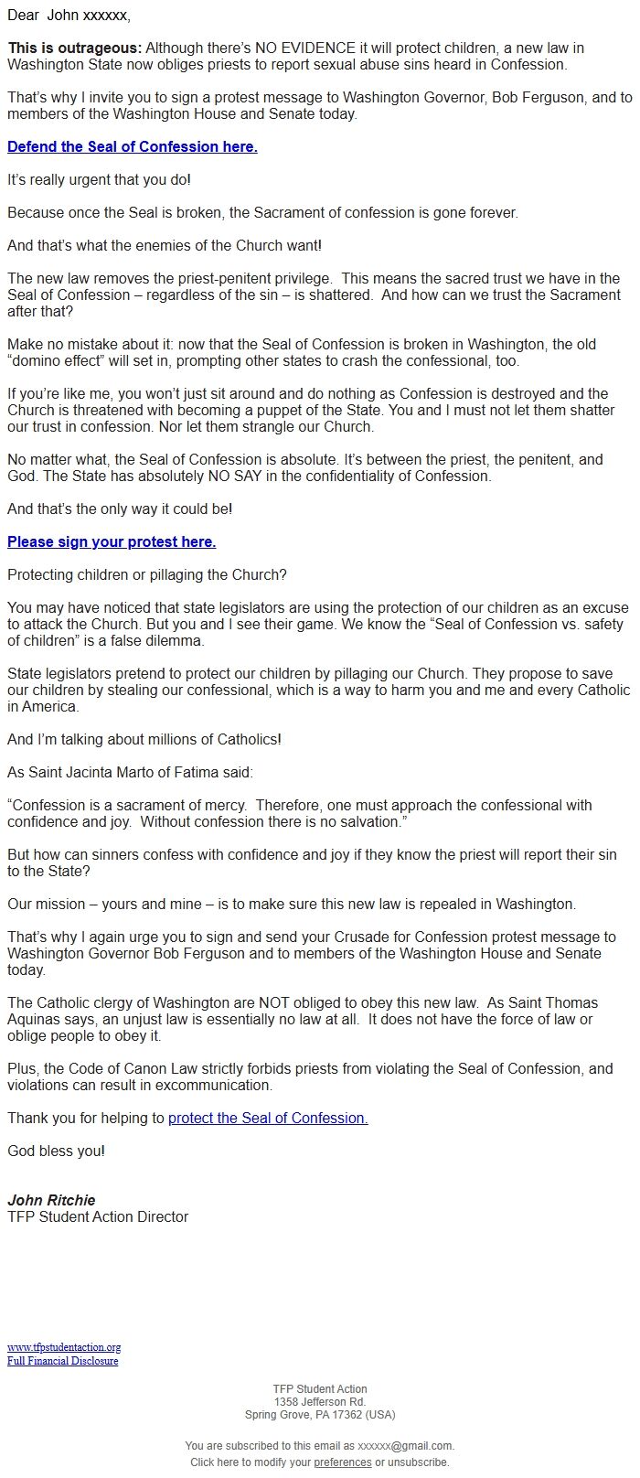 Screenshot of the email generated on import
