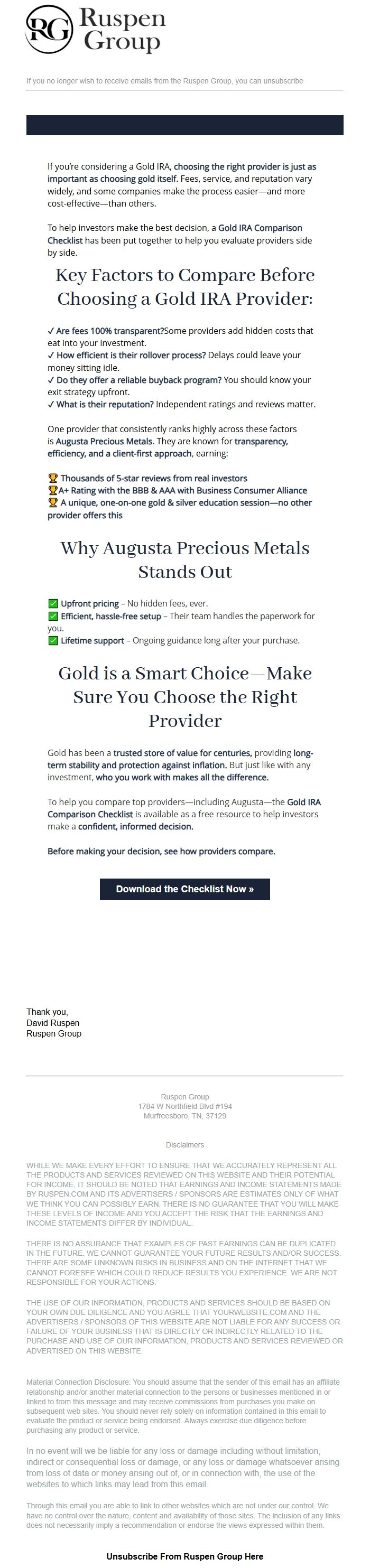 Screenshot of the email generated on import