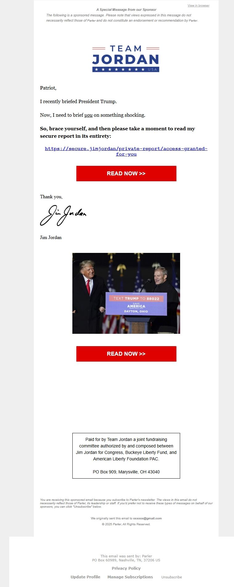 Screenshot of the email generated on import