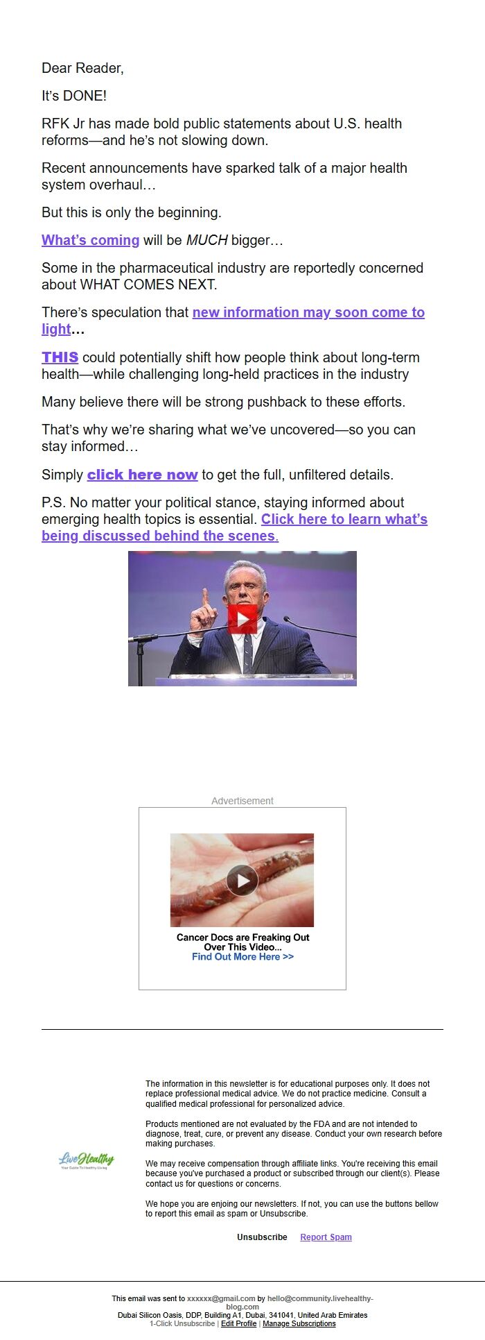 Screenshot of the email generated on import