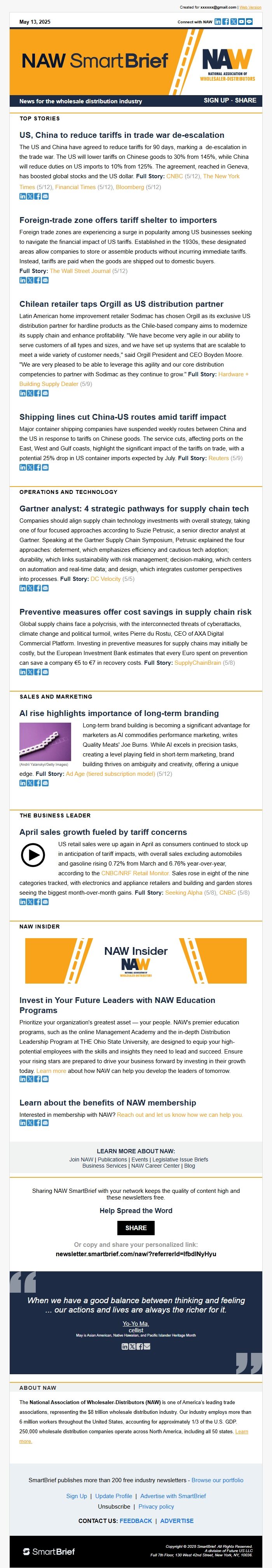 Screenshot of the email generated on import