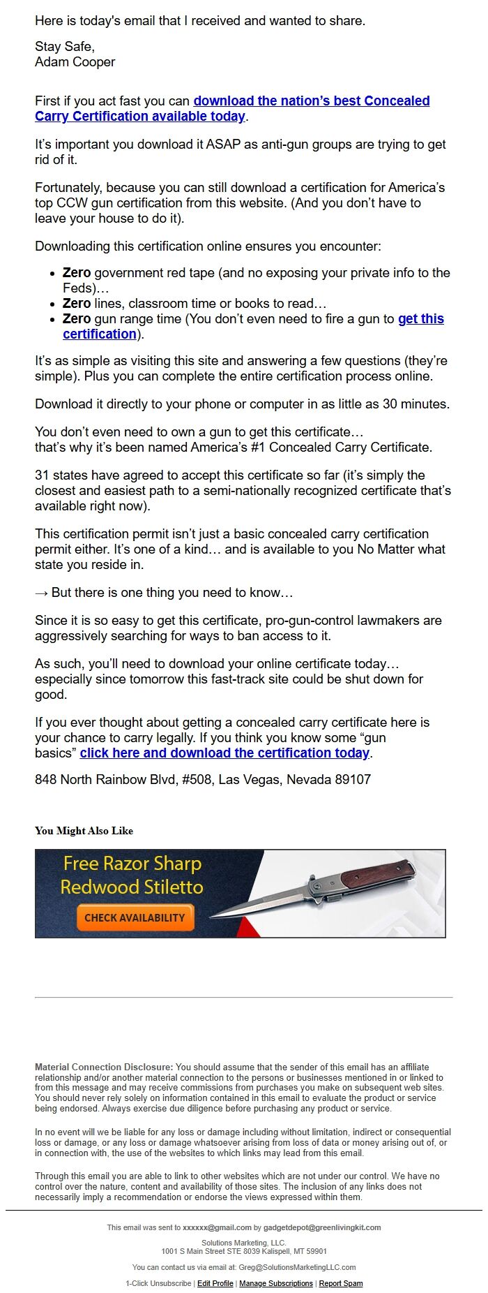 Screenshot of the email generated on import