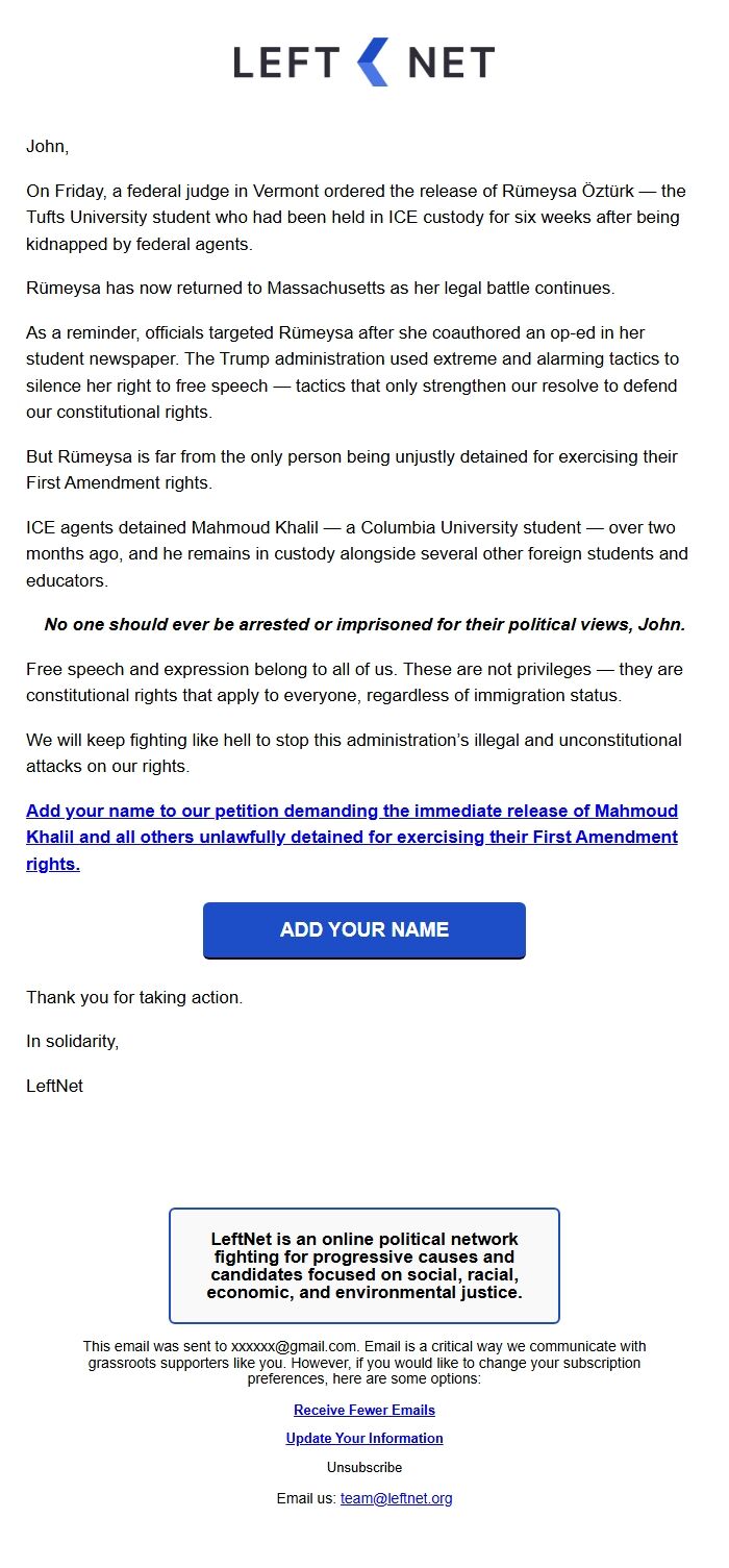 Screenshot of the email generated on import
