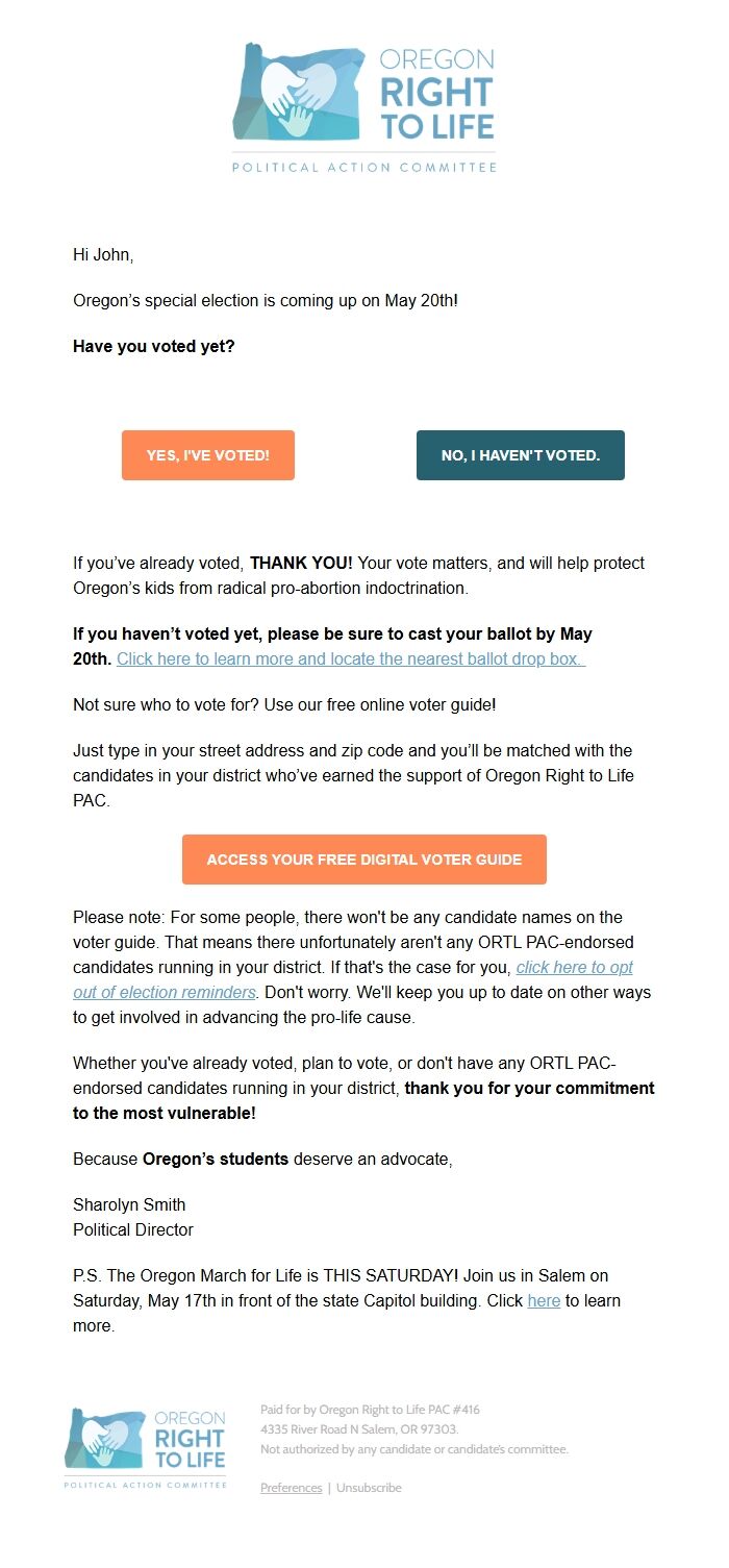 Screenshot of the email generated on import