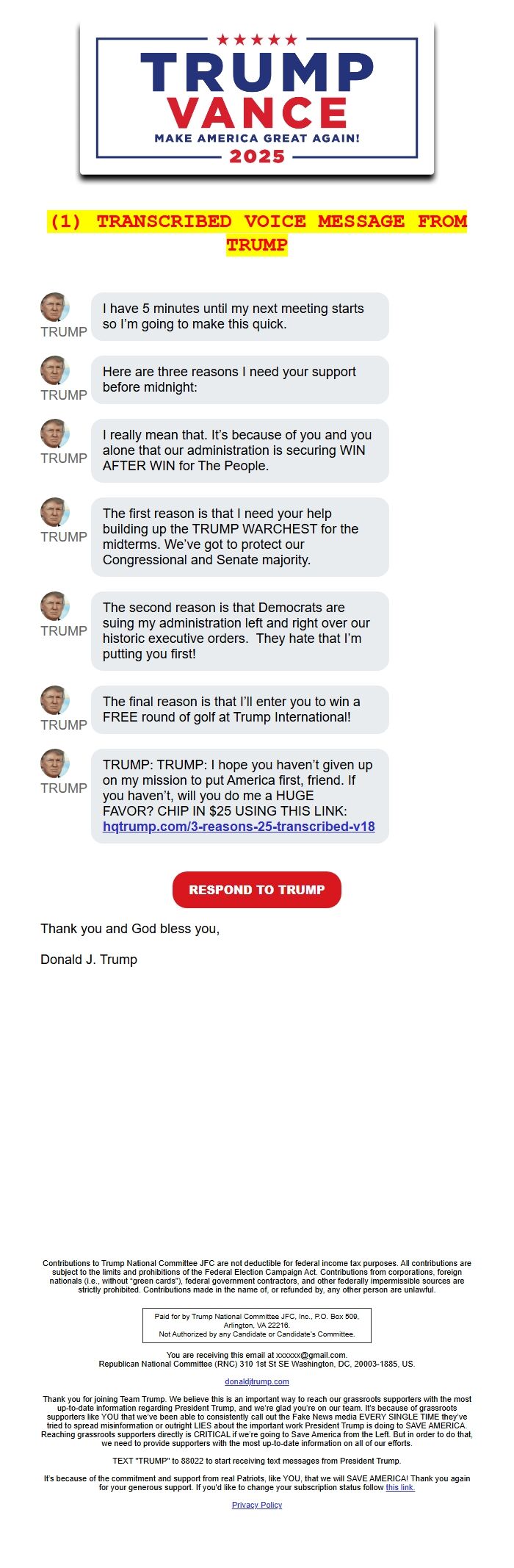 Screenshot of the email generated on import