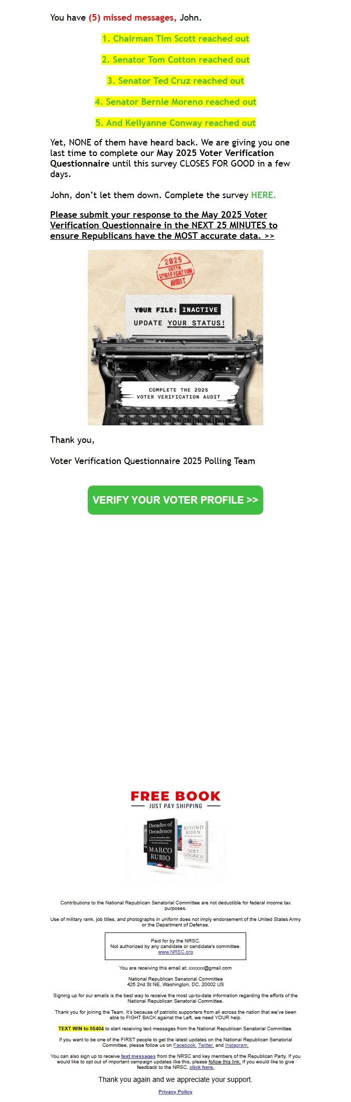 Screenshot of the email generated on import