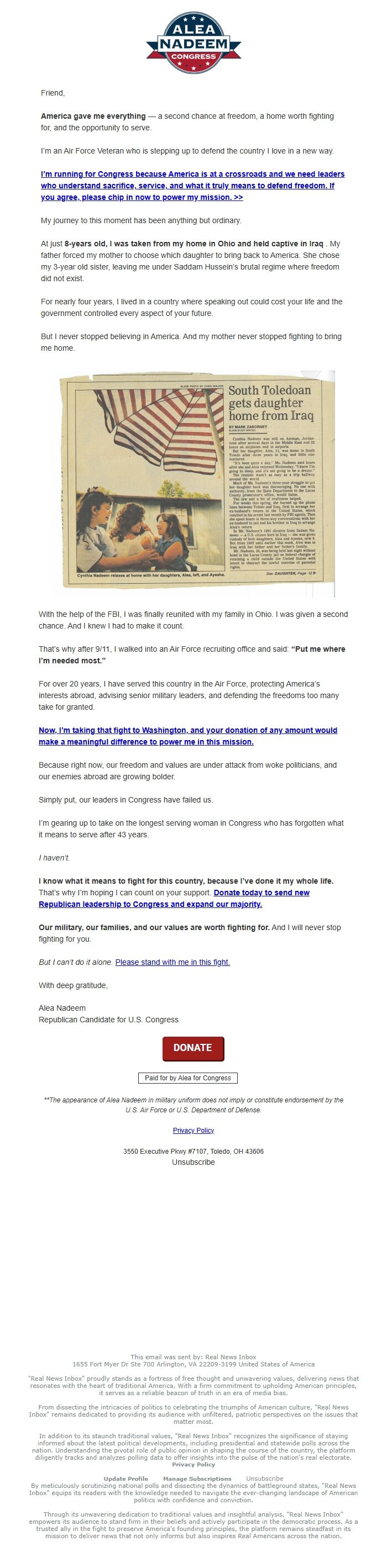 Screenshot of the email generated on import