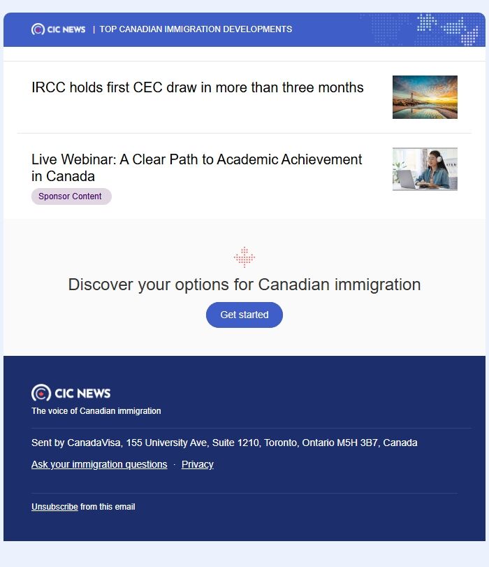 Screenshot of the email generated on import