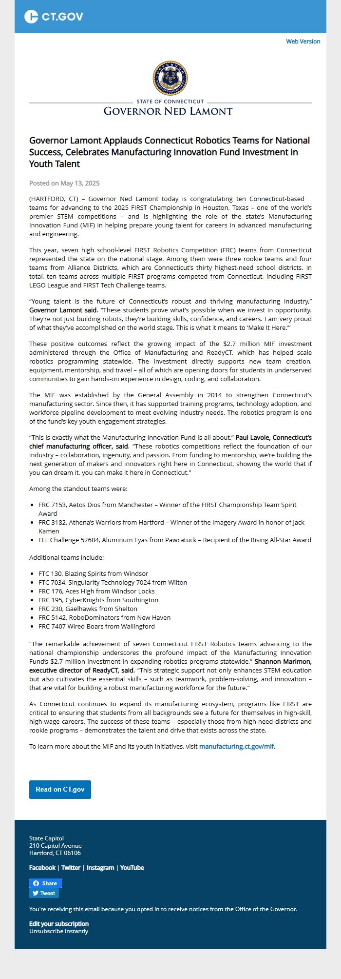 Screenshot of the email generated on import