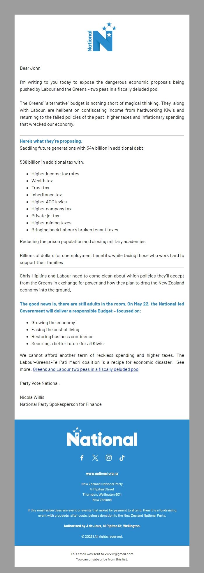 Screenshot of the email generated on import