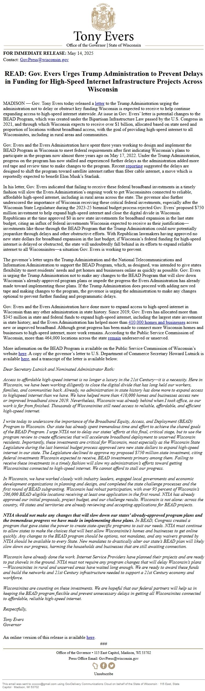 Screenshot of the email generated on import