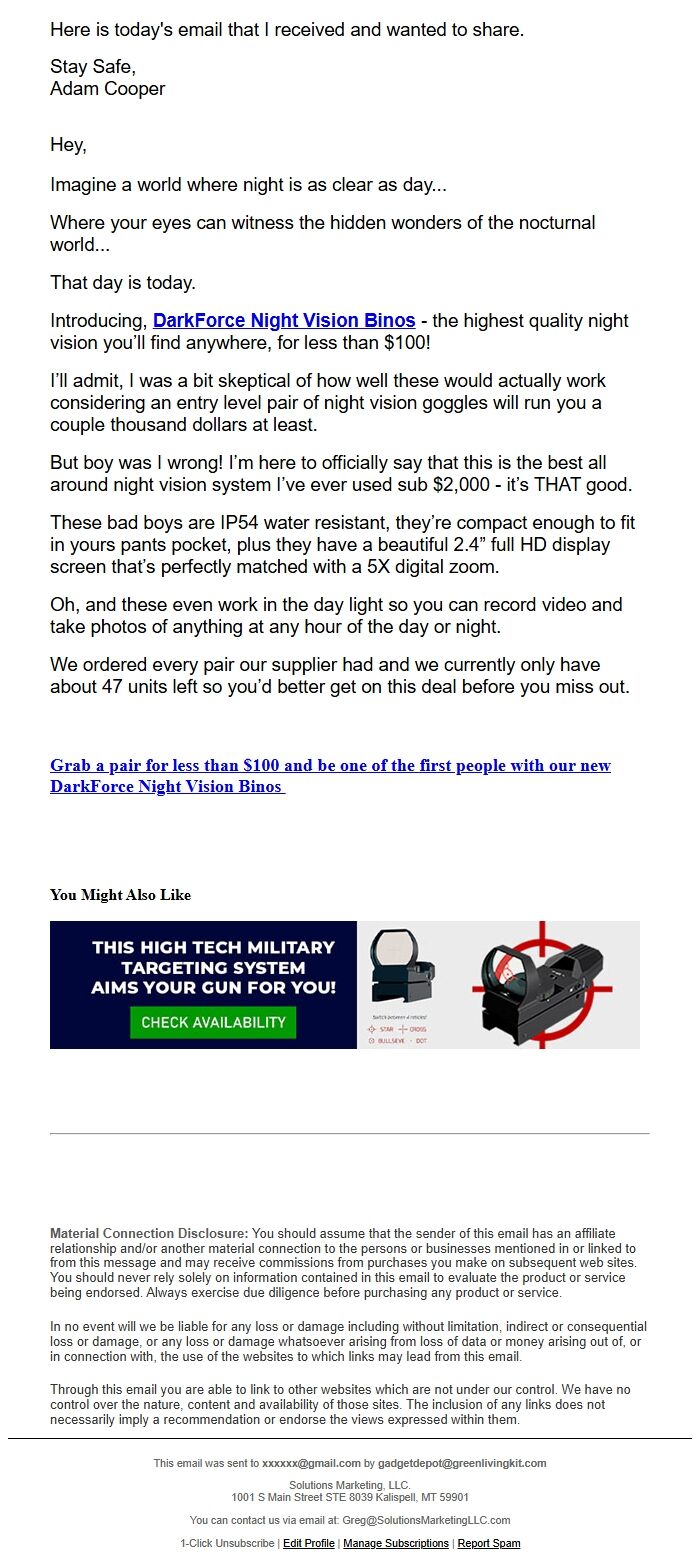 Screenshot of the email generated on import