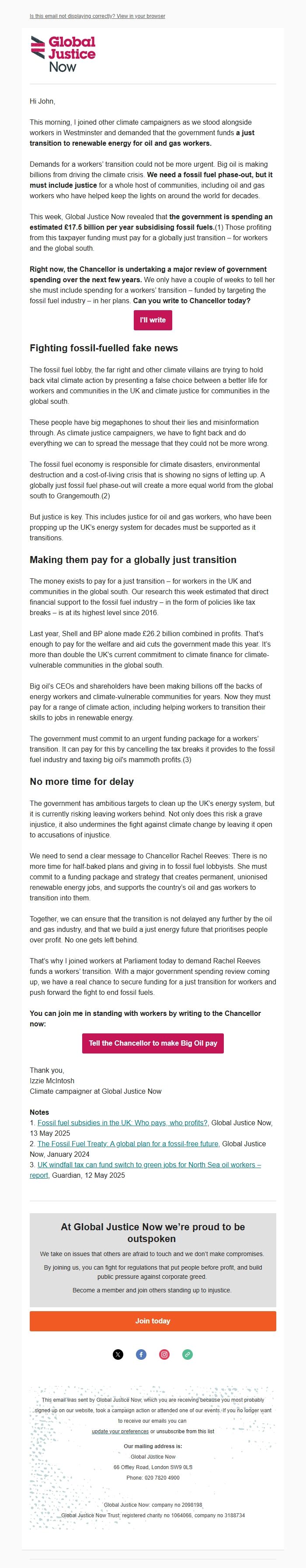 Screenshot of the email generated on import