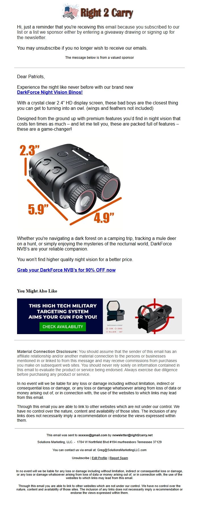 Screenshot of the email generated on import