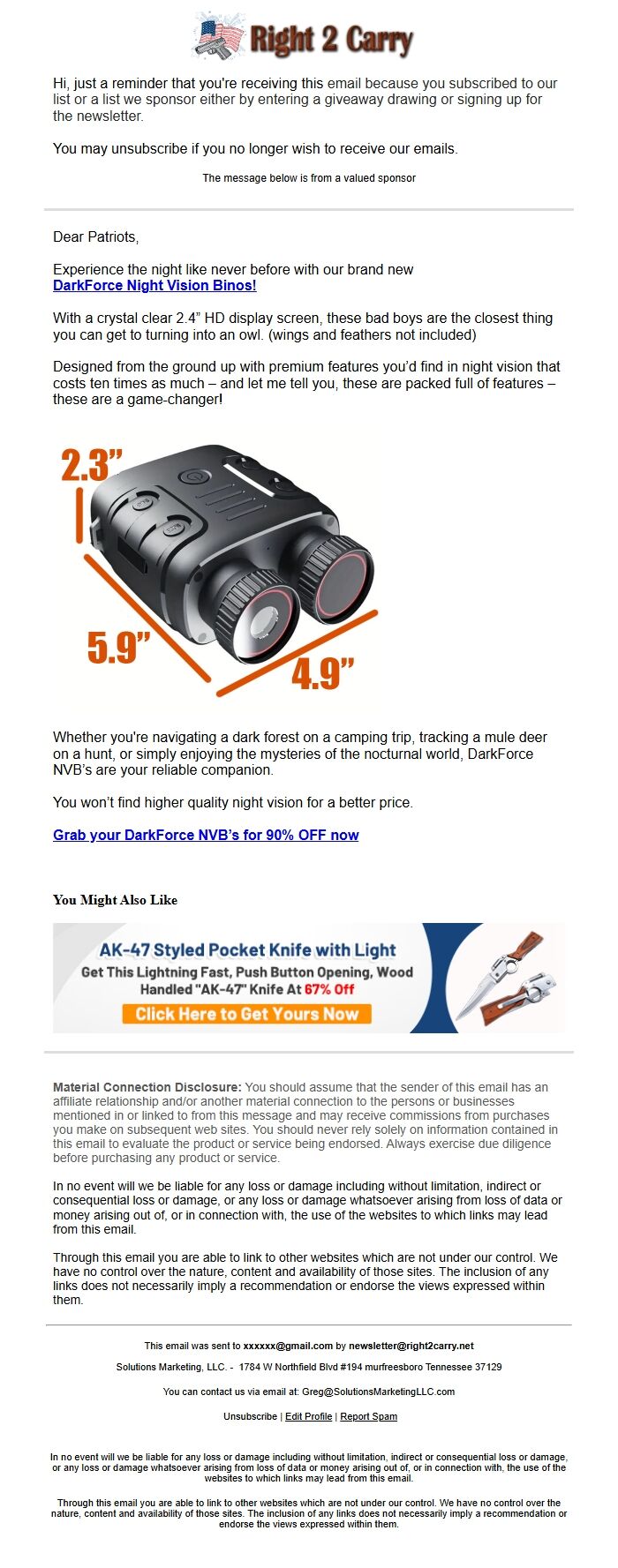 Screenshot of the email generated on import