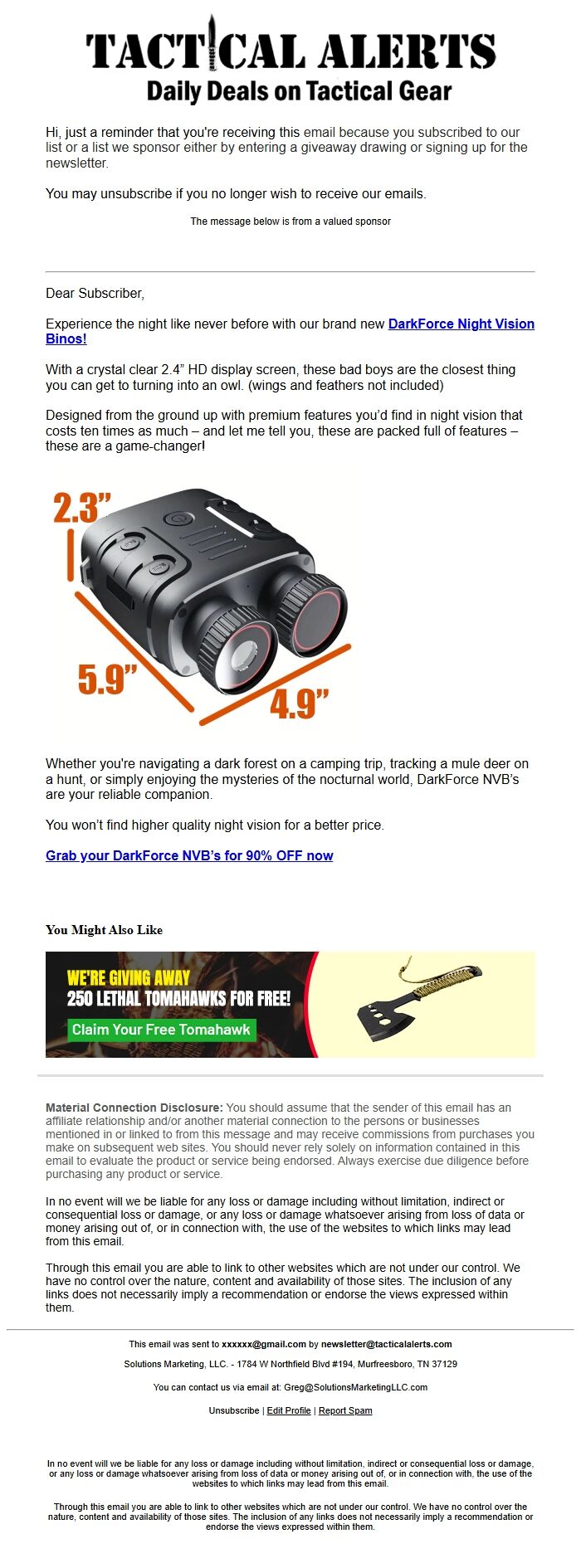 Screenshot of the email generated on import