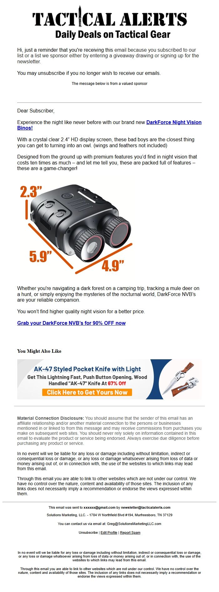 Screenshot of the email generated on import