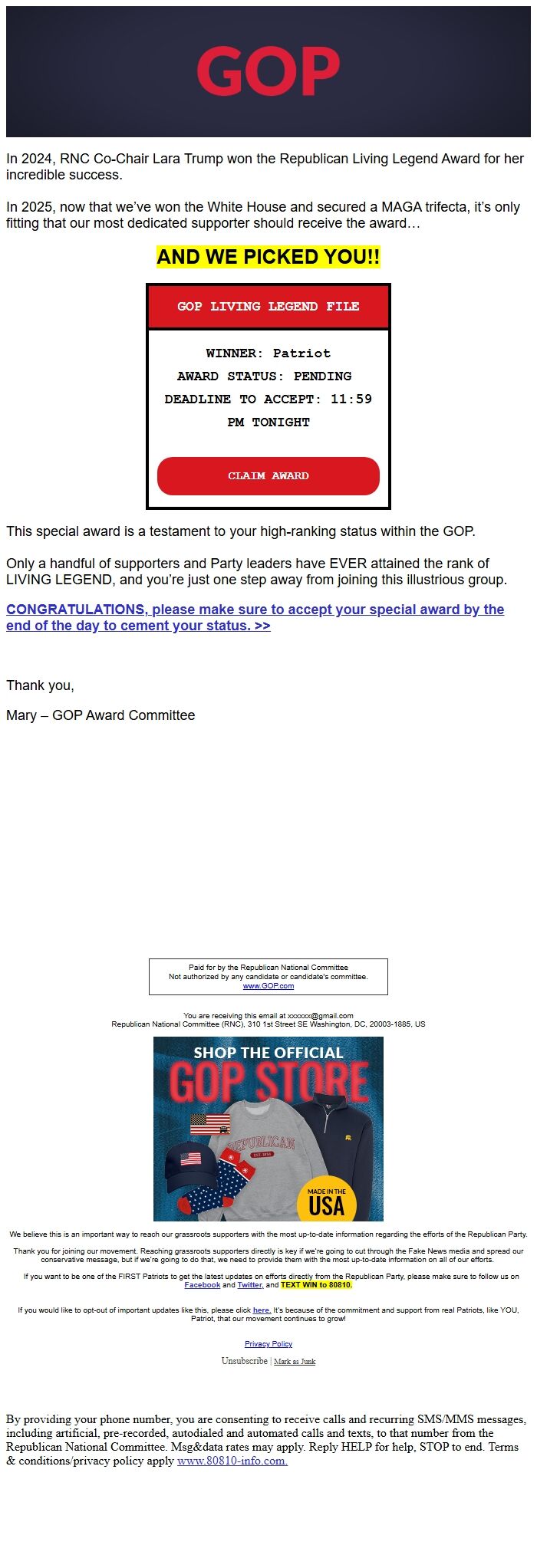 Screenshot of the email generated on import