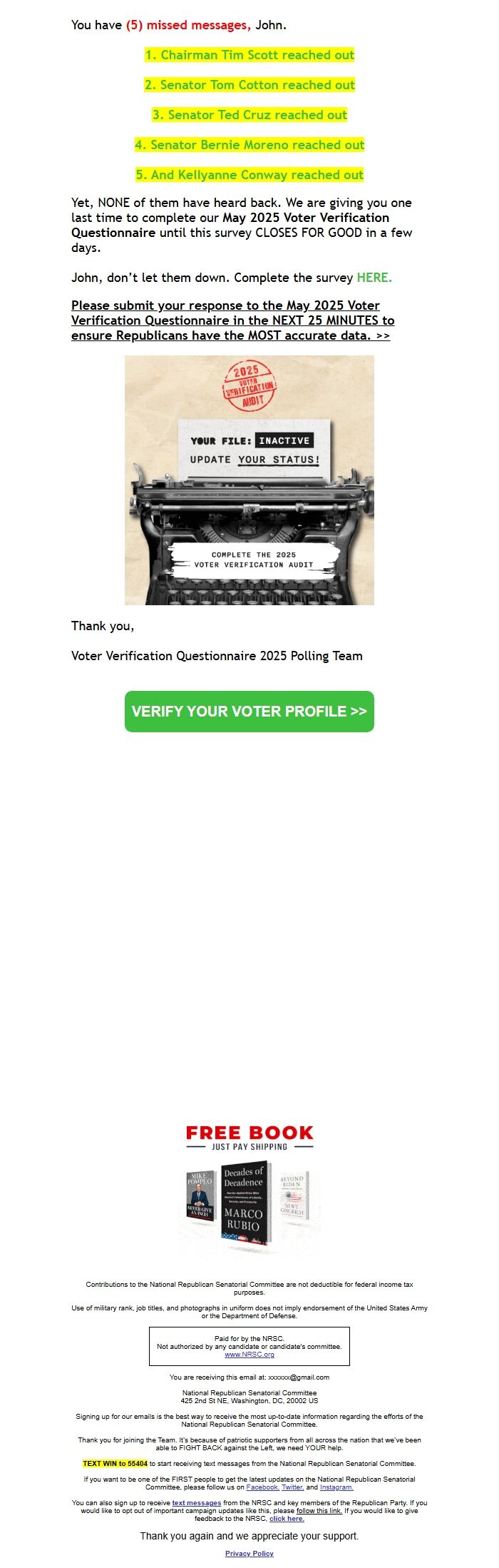 Screenshot of the email generated on import