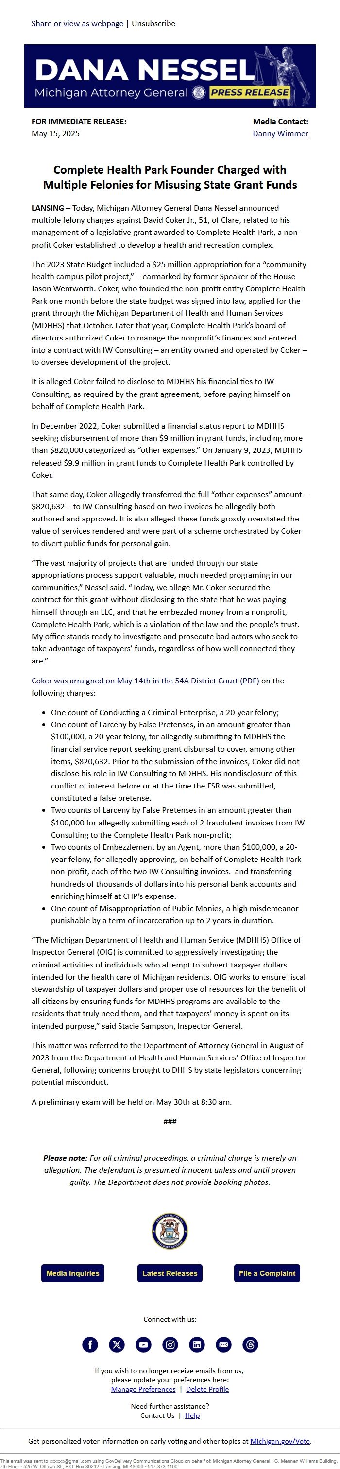 Screenshot of the email generated on import
