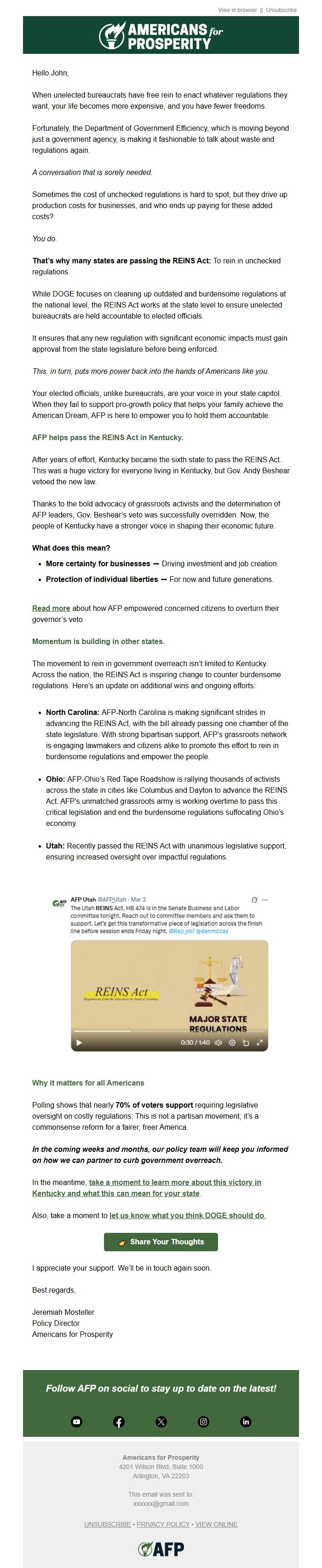 Screenshot of the email generated on import