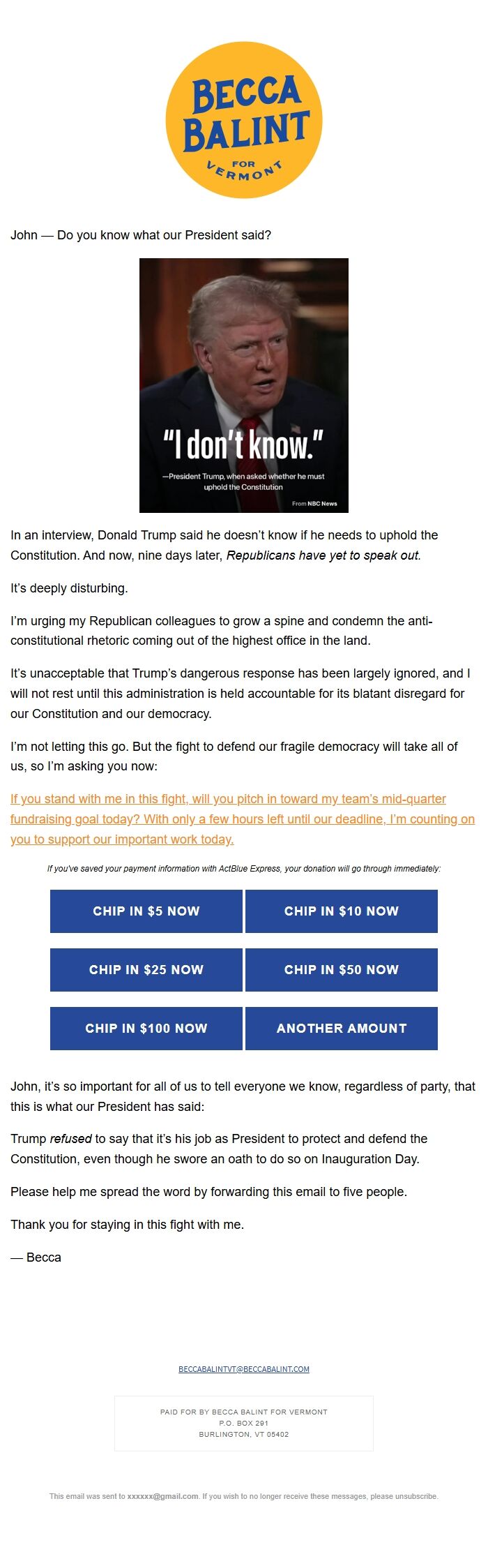 Screenshot of the email generated on import
