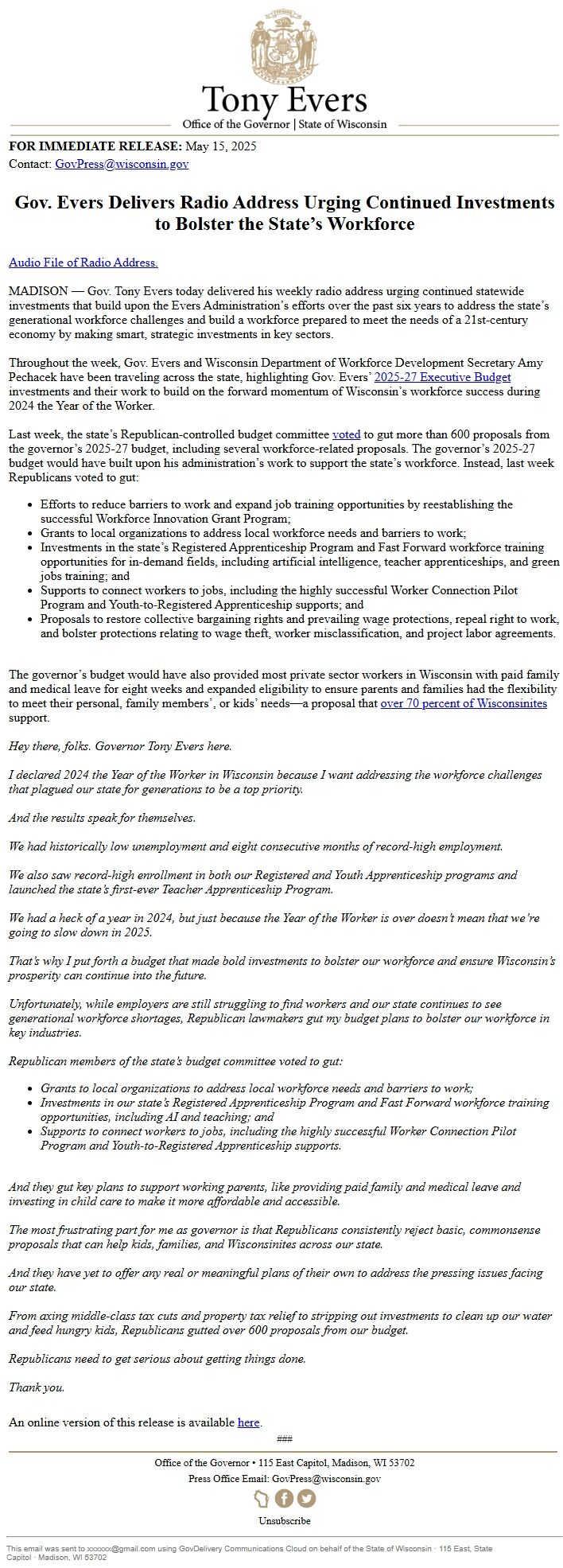 Screenshot of the email generated on import