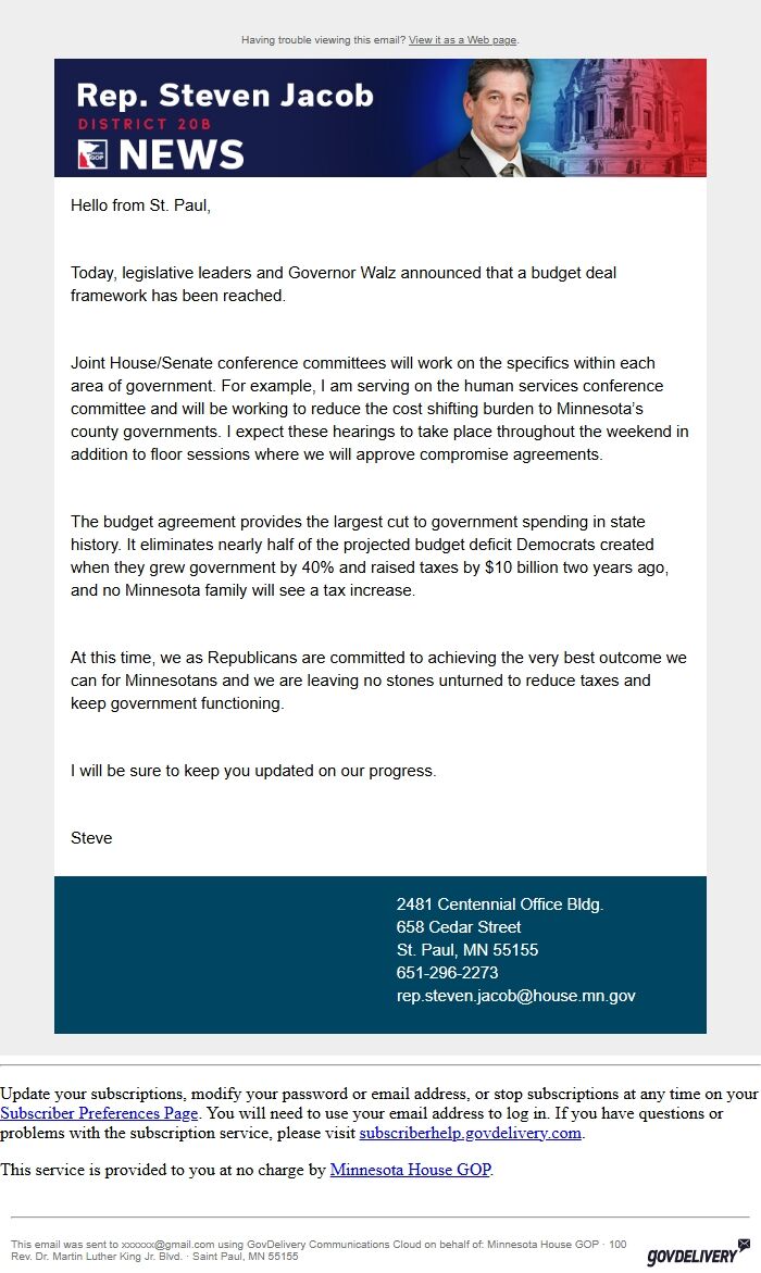Screenshot of the email generated on import