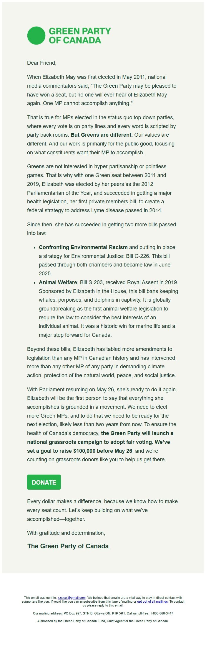 Screenshot of the email generated on import
