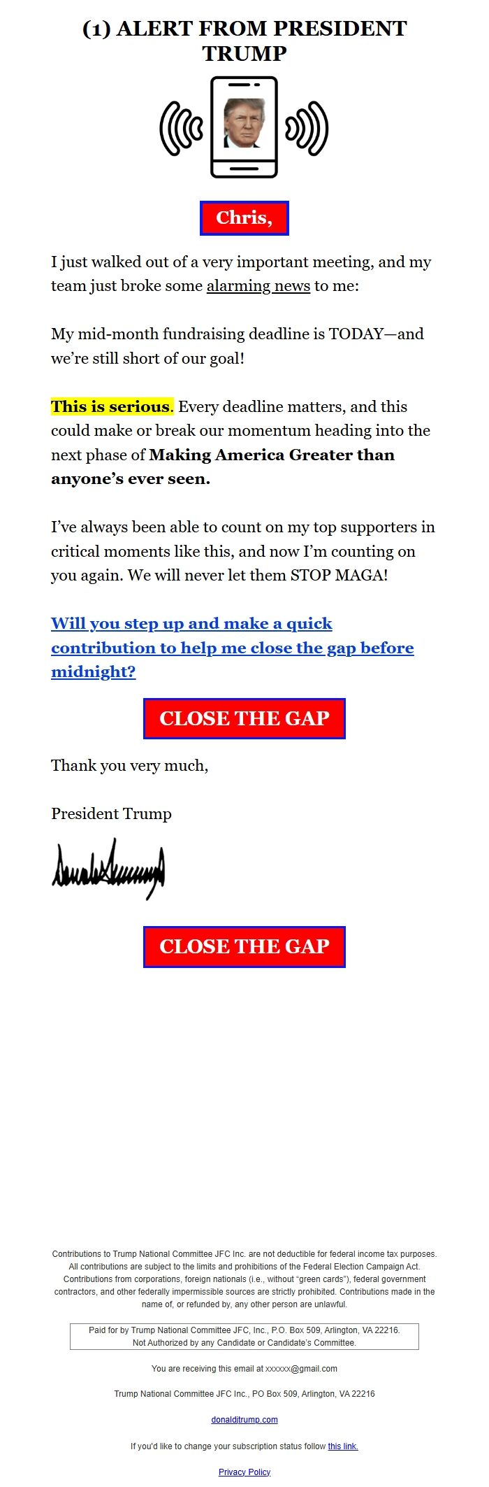 Screenshot of the email generated on import