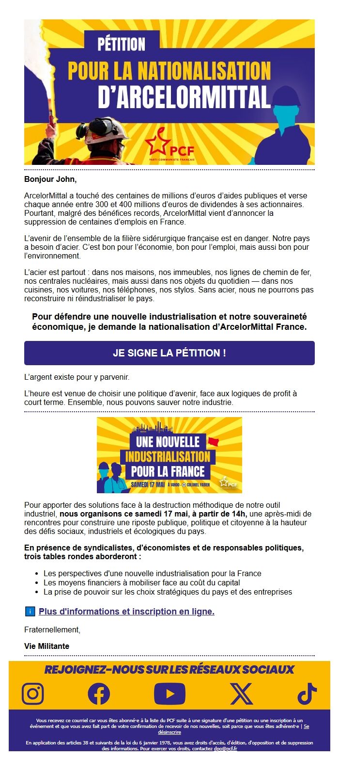 Screenshot of the email generated on import