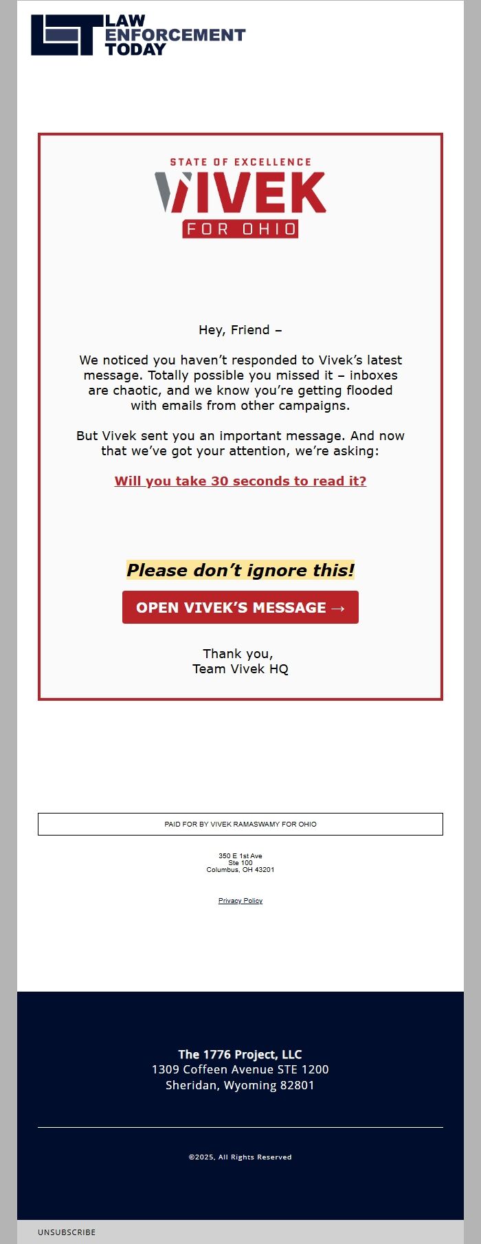 Screenshot of the email generated on import