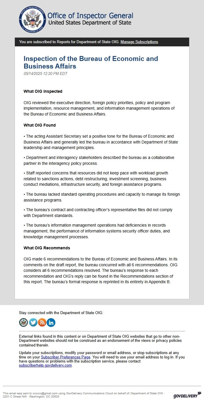 Screenshot of the email generated on import