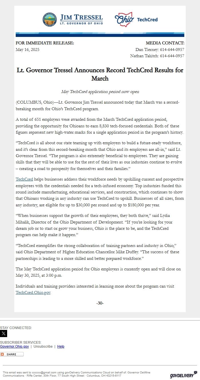 Screenshot of the email generated on import