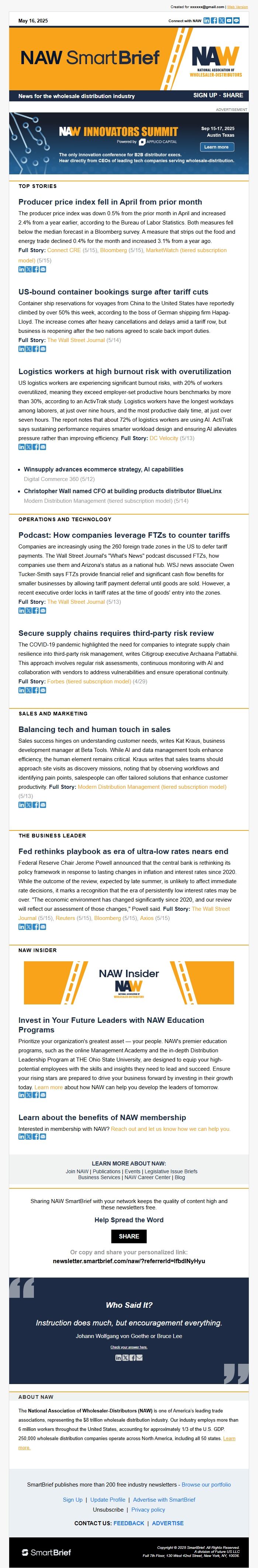 Screenshot of the email generated on import