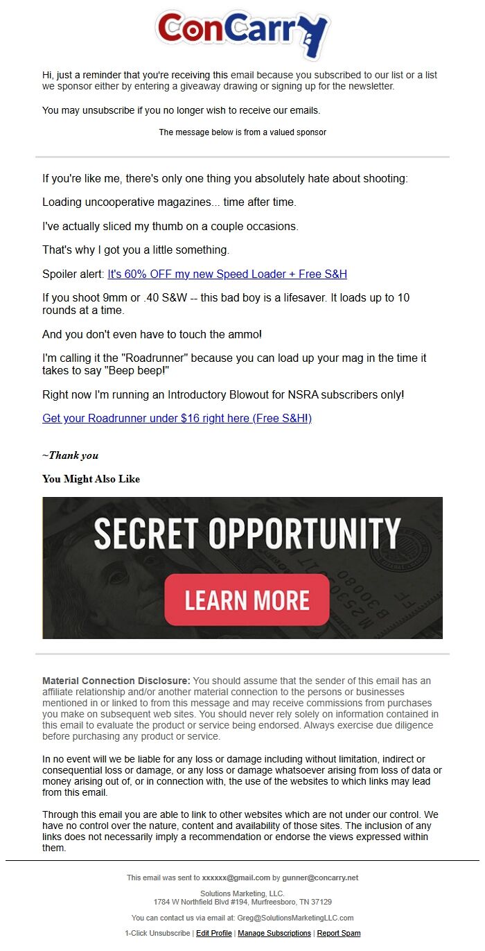 Screenshot of the email generated on import