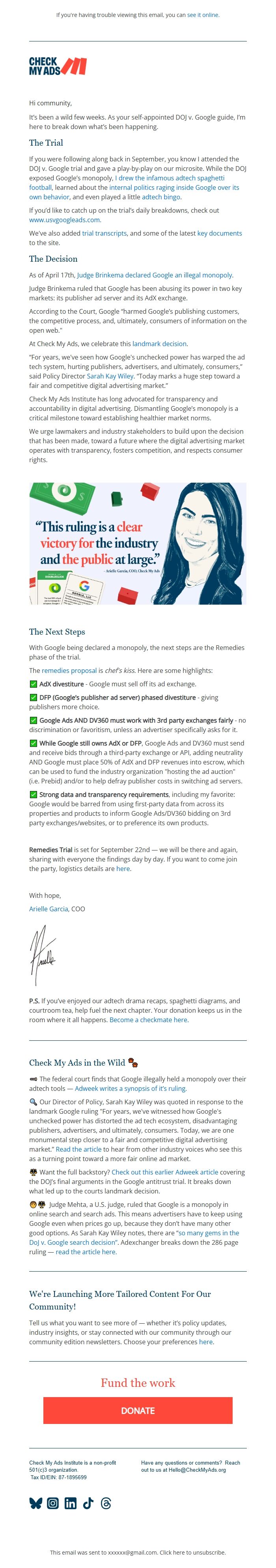 Screenshot of the email generated on import