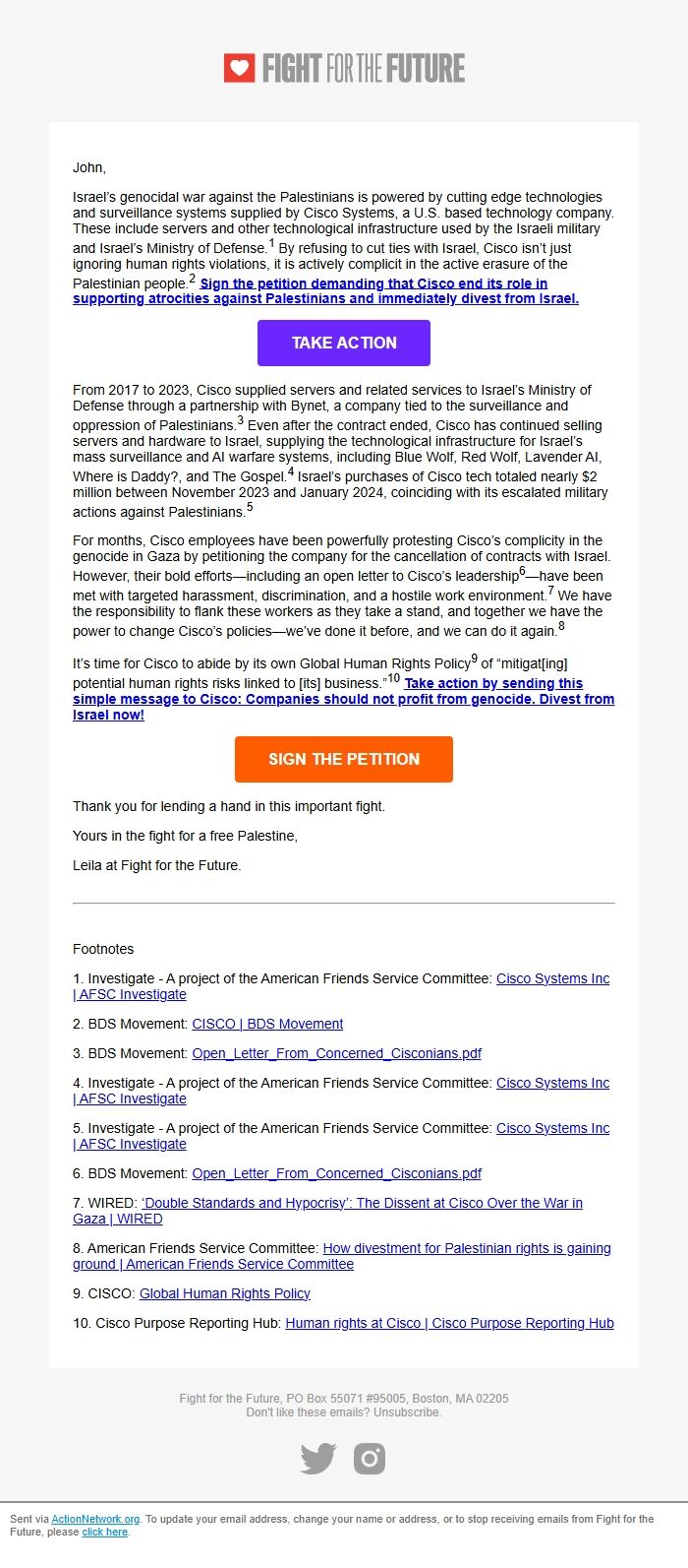 Screenshot of the email generated on import