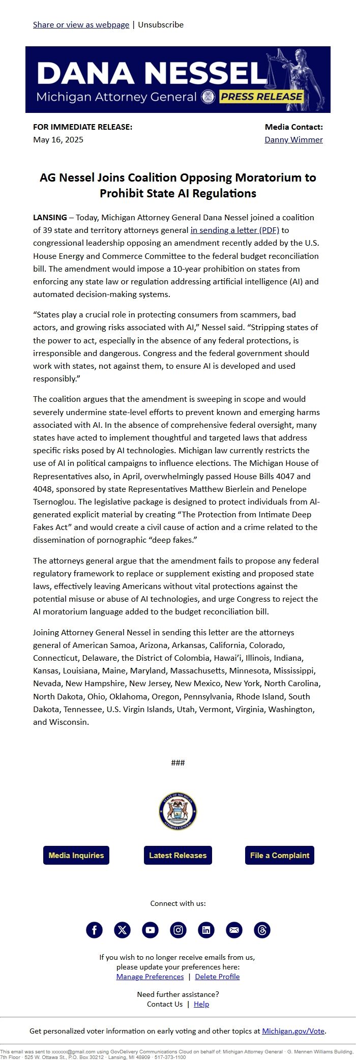 Screenshot of the email generated on import