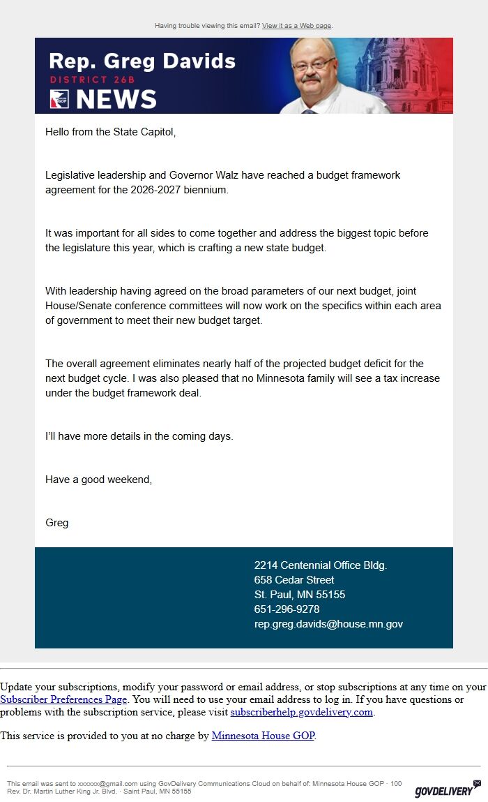 Screenshot of the email generated on import