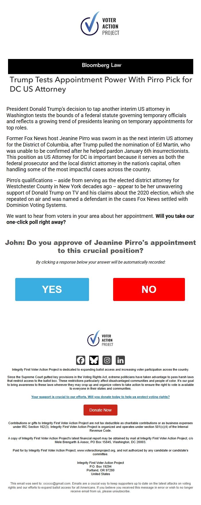 Screenshot of the email generated on import