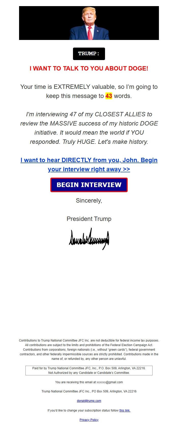 Screenshot of the email generated on import