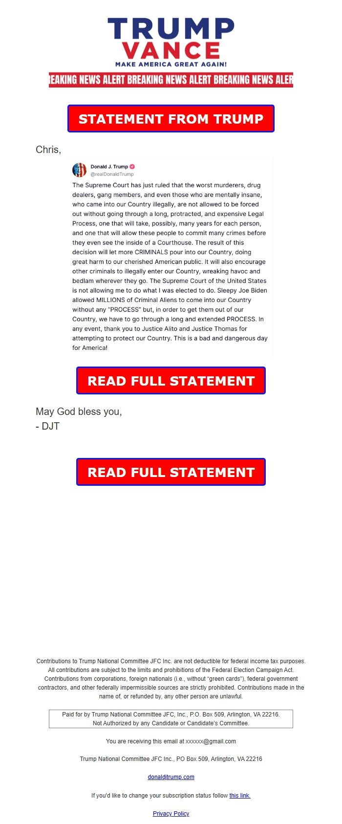 Screenshot of the email generated on import