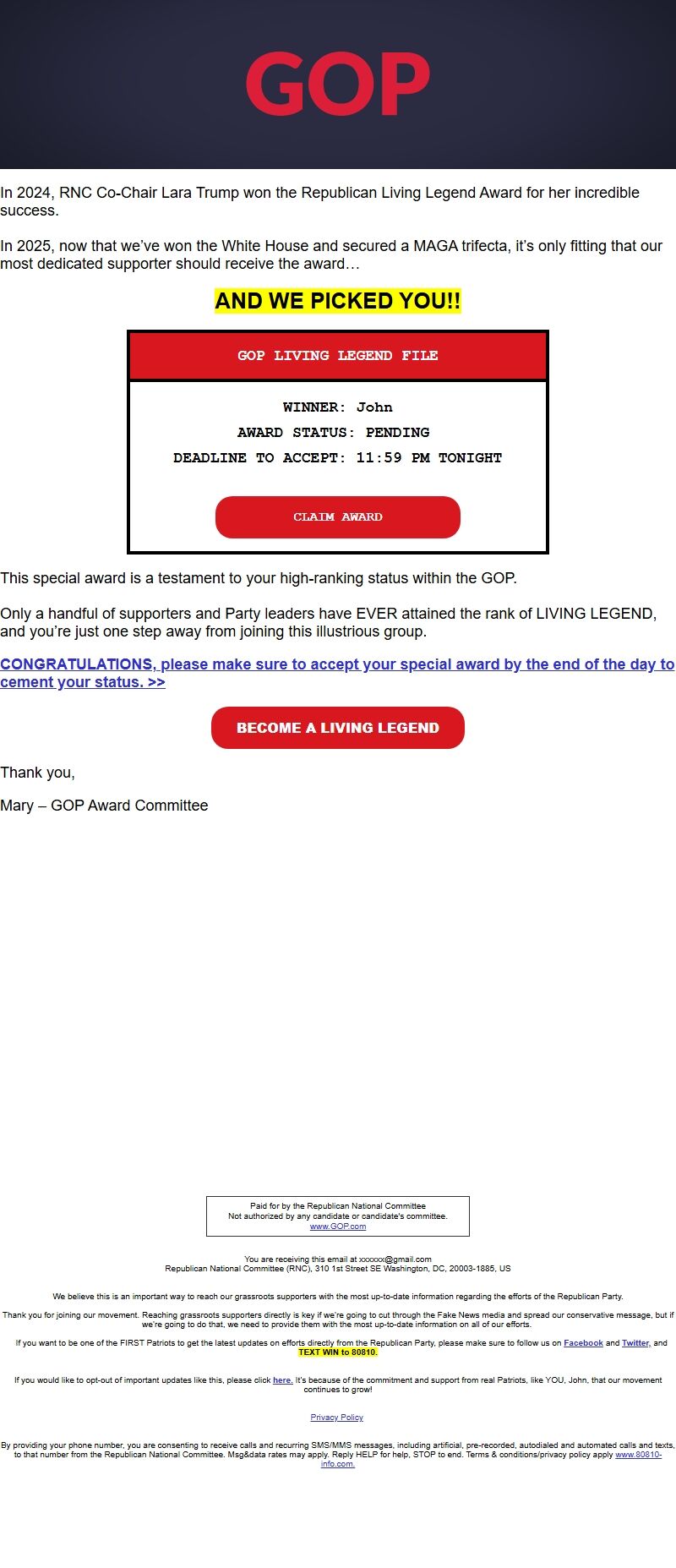Screenshot of the email generated on import