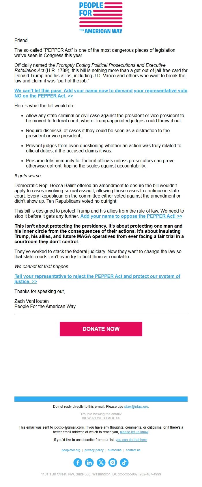 Screenshot of the email generated on import