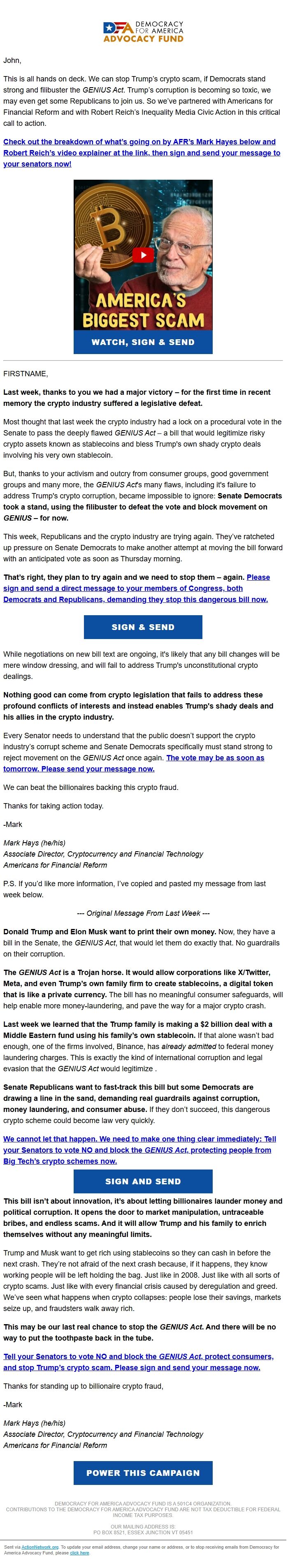 Screenshot of the email generated on import