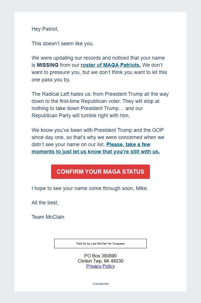 Screenshot of the email generated on import