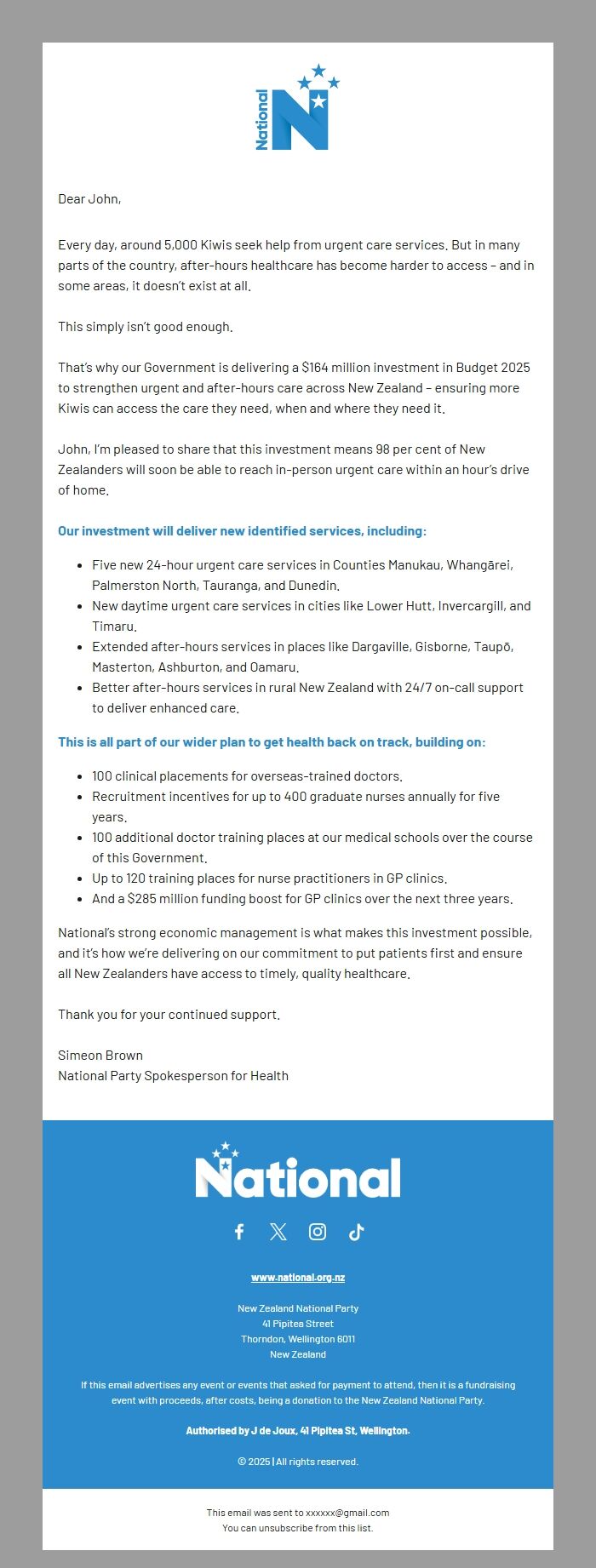 Screenshot of the email generated on import